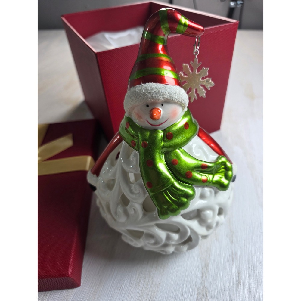 Home Reflections LED Lighted Ceramic Snowman Figurine Red Green Holiday Decor